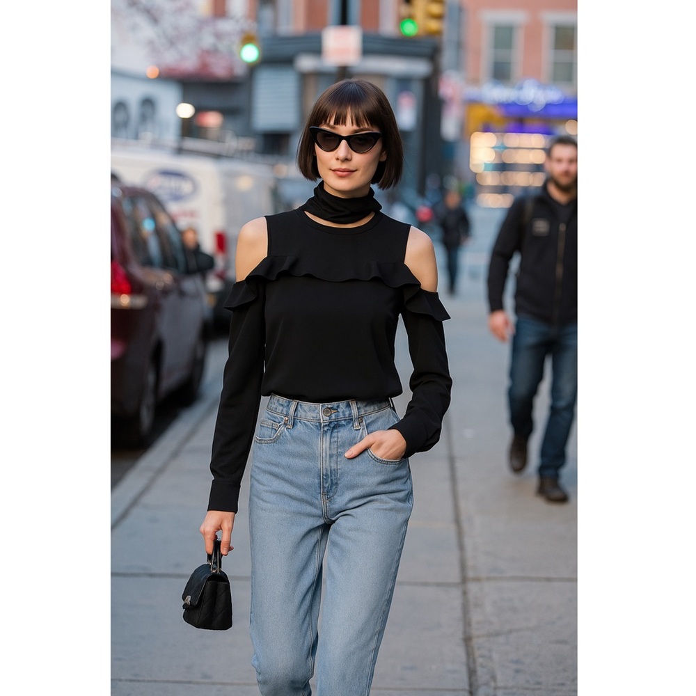 ALC Silk Trim Crepe Ruffle Detail Long Sleeve Cutout Shoulder Crewneck‎ Top 4